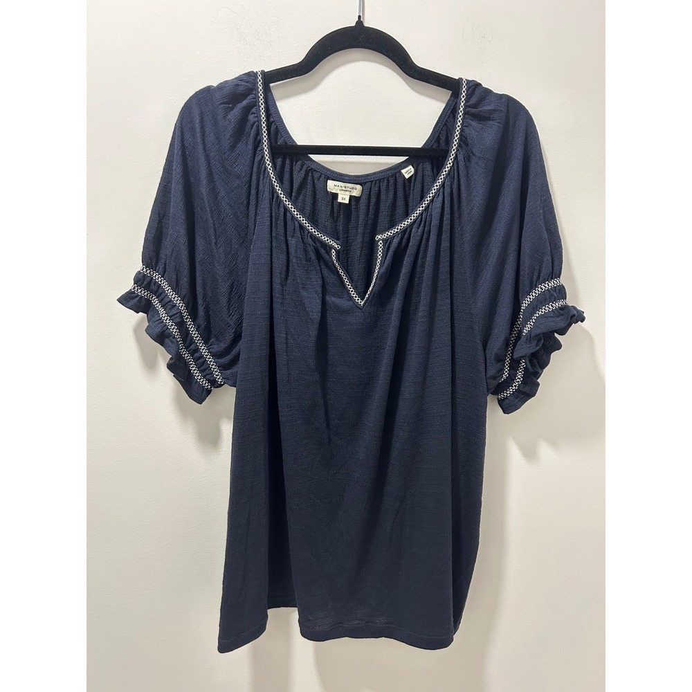 Max Studio London Navy Blue Embroidered Peasant Blouse Top 3X 6W03577